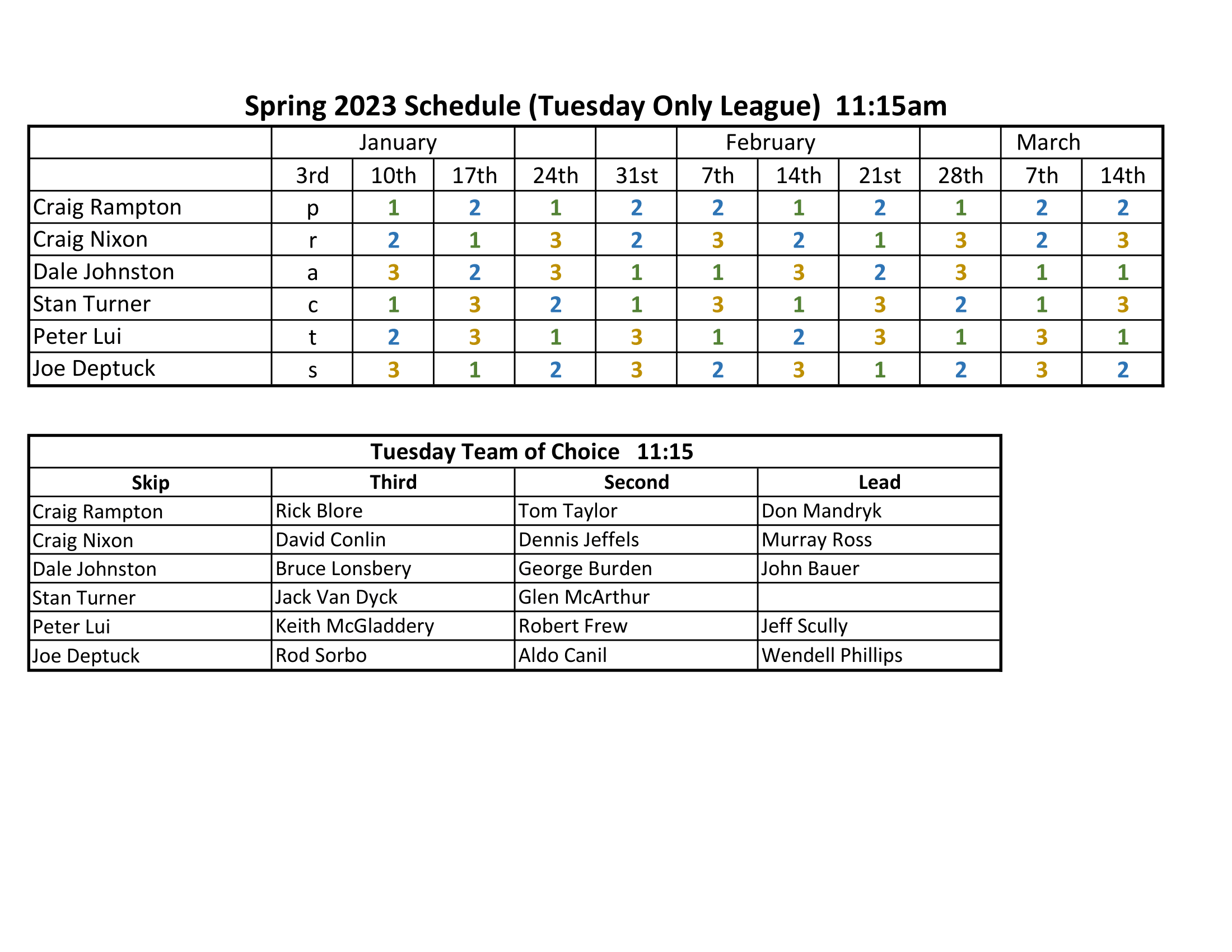 Spring 2023 Schedule Tue Only 1